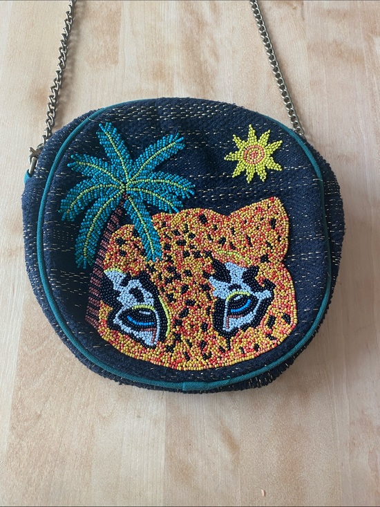 America & Beyond Handbags - Black Beaded Round Crossbody Bag with Leopard & Palm Design